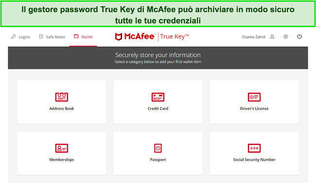 Interfaccia del gestore di password True Key di McAfee