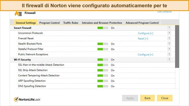 Screenshot della scheda delle impostazioni del firewall di Norton