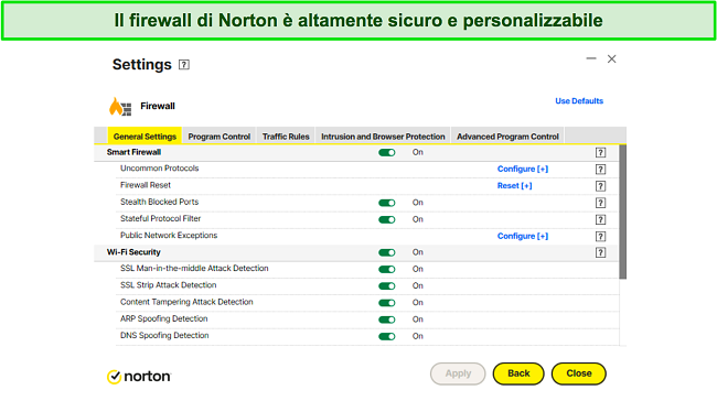 Screenshot delle impostazioni del firewall di Norton