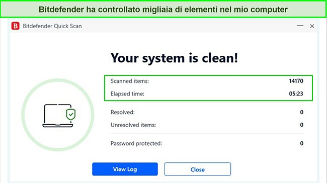 Screenshot dei risultati della scansione rapida di Bitdefender