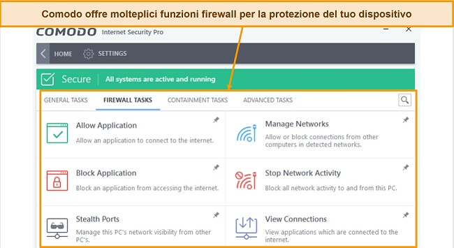 Schermata della scheda delle attività del firewall Comodo