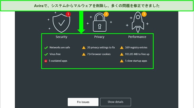 Avira ウィルス スキャナの結果ページのスクリーンショット