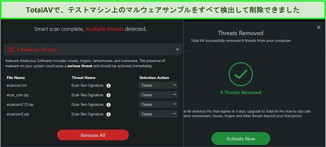 TotalAV マルウェアの除去結果のスクリーンショット