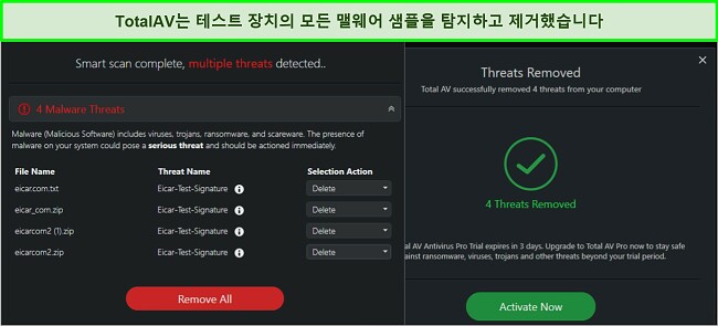 TotalAV 맬웨어 제거 결과의 스크린샷