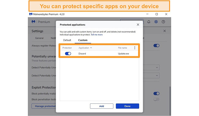Screenshot of Malwarebytes' Exploit Protection protected apps list.