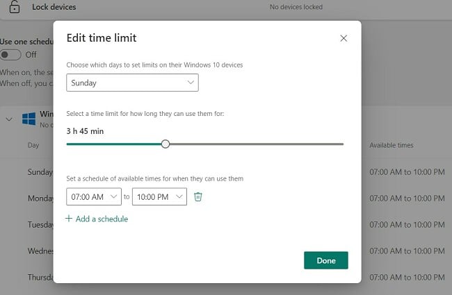 Límites de tiempo de la pantalla de seguridad familiar de Microsoft