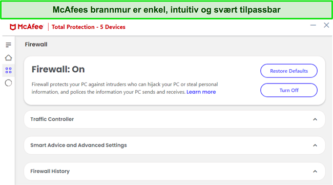 Skjermbilde av McAfees brannmurgrensesnitt