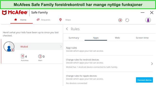 Skjermbilde av McAfee's Safe Family foreldrekontroll