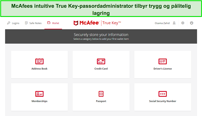 Skjermbilde av McAfees True Key passordbehandling