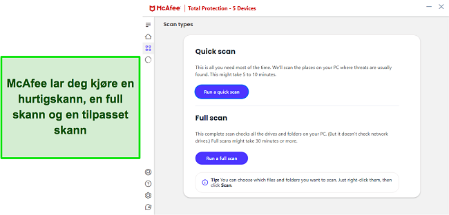 Skjermbilde av McAfees ulike skannealternativer