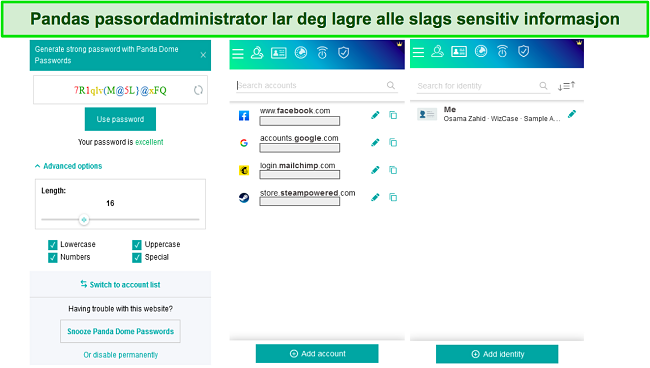 Skjermbilde av ulike Panda-passordbehandlingsmenyer