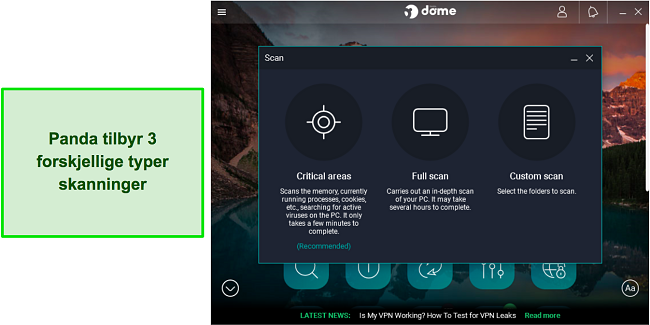 Skjermbilde av Pandas virusskanningsalternativer