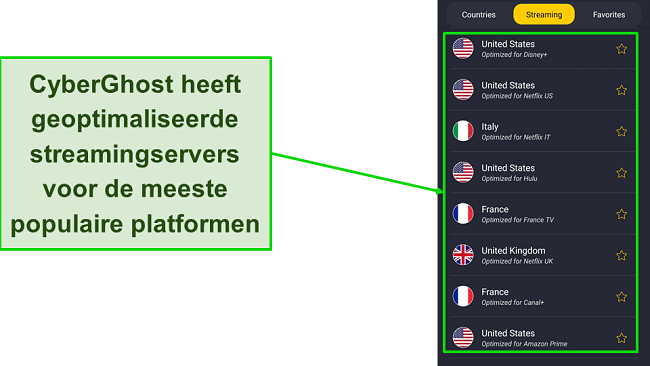 Een screenshot van de Optimized Streaming-servers van CyberGhost in de Android-app