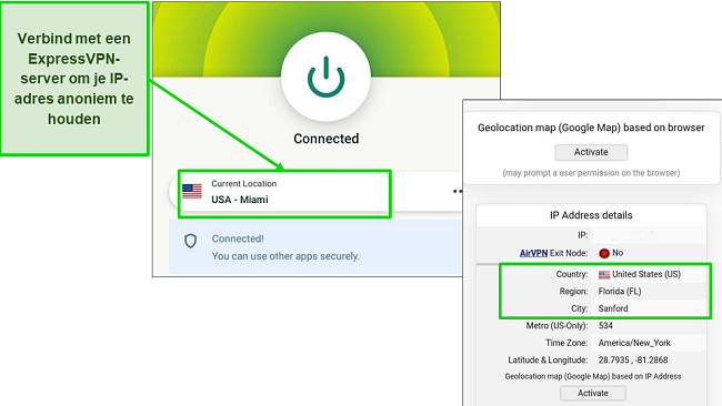 Grafische weergave van ExpressVPN die is verbonden met een server in Miami en een DNS-lektest heeft doorstaan