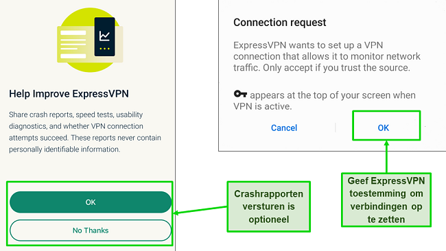 Screenshot van crashrapport en vereiste verbindingsmachtigingen na de eerste keer inloggen bij ExpressVPN