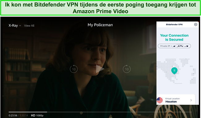 Screenshot van Bitdefender VPN die Amazon Prime Video deblokkeert