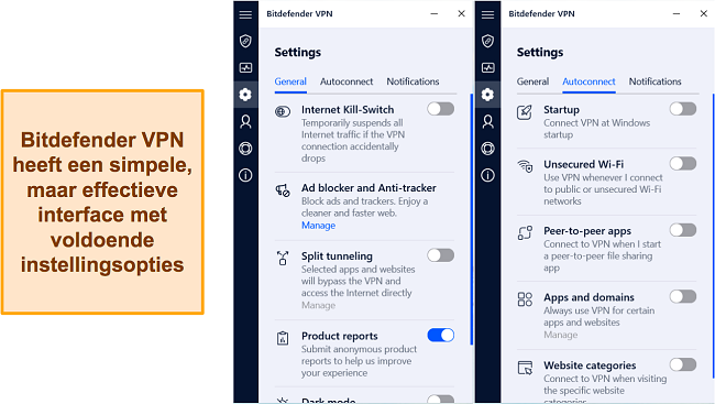 Screenshot van de beschikbare instellingen op Bitdefender VPN