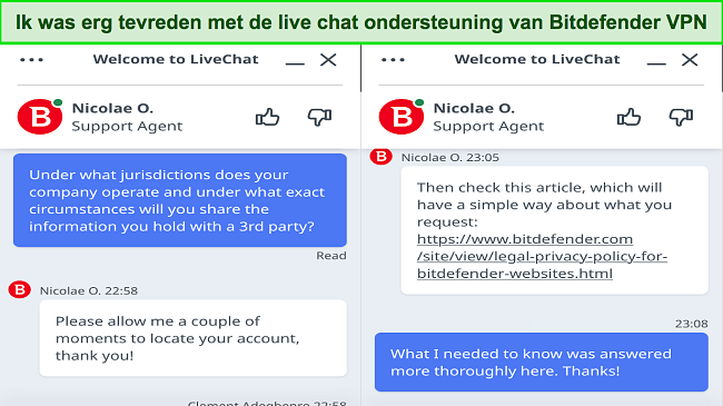 Screenshot van mijn interactie met de live chatondersteuning van Bitdefender