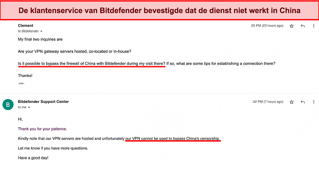 Screenshot van mijn interactie met de ondersteuning van Bitdefender om te bevestigen dat de service niet kan worden gebruikt in China