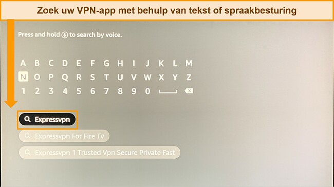 Screenshot van de Amazon Fire Stick-zoekfunctie, met ExpressVPN ingetypt in de zoekbalk.