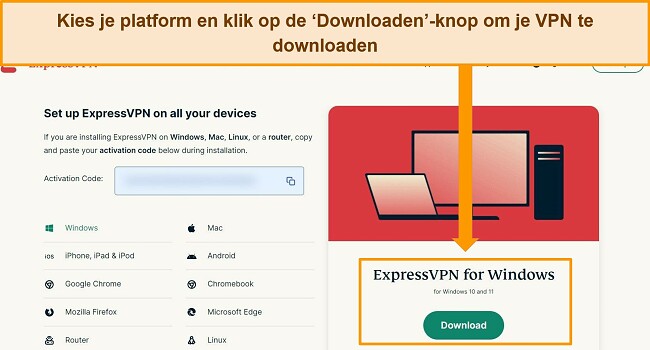 Screenshot van de ExpressVPN-website met de ondersteunde platforms en markering