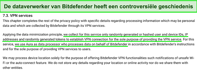 Screenshot van wat het privacybeleid van Bitdefender VPN zegt over gegevensverzameling