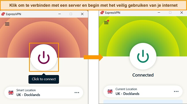 Screenshots van de Windows-app van ExpressVPN die het app-verschil laten zien wanneer er geen VPN-verbinding is en wanneer de VPN is verbonden.