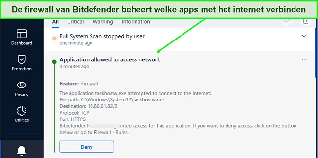 Screenshot van de firewall van Bitdefender