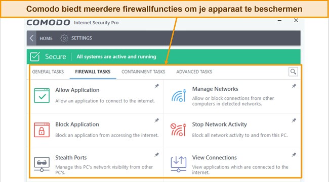 Screenshot van het tabblad Comodo-firewalltaken