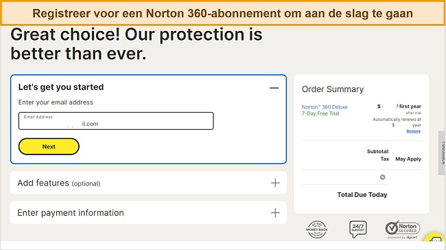 Screenshot van de abonnementspagina van Norton