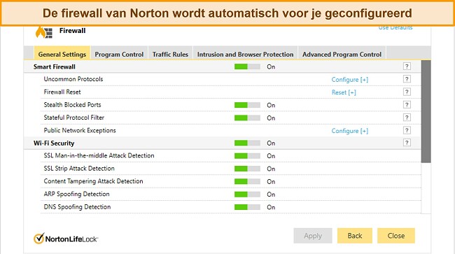 Screenshot van het tabblad Firewall-instellingen van Norton