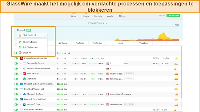 Screenshot van het tabblad GlassWire-beveiliging