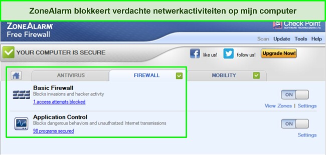 Screenshot van de ZoneAlarm-firewallinterface