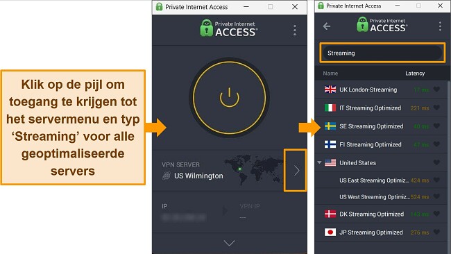 Screenshot van de Windows-app van PIA, met aandacht voor de geoptimaliseerde streamingservers.