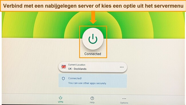 Screenshot van ExpressVPN's Amazon Fire Stick-app verbonden met een UK-Docklands-server.