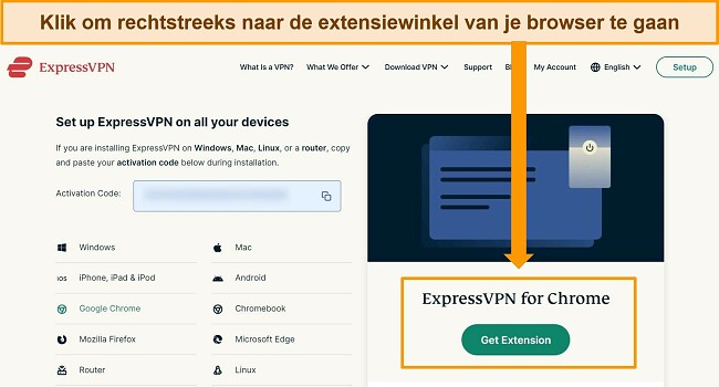 Screenshot van de accountpagina van ExpressVPN met de beschikbare apparaten, met de link naar de Chrome-extensie gemarkeerd.