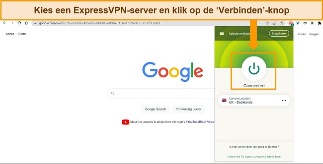 Screenshot van de Chrome-browserextensie van ExpressVPN die is verbonden met een UK-Docklands-server.