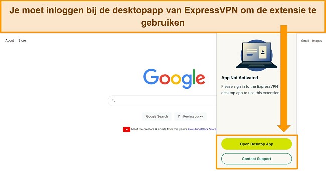 Screenshot van Google-webpagina met de Chrome-extensie van ExpressVPN geopend, waaruit blijkt dat de extensie moet inloggen bij de desktop-app om toegang te krijgen tot de extensie.