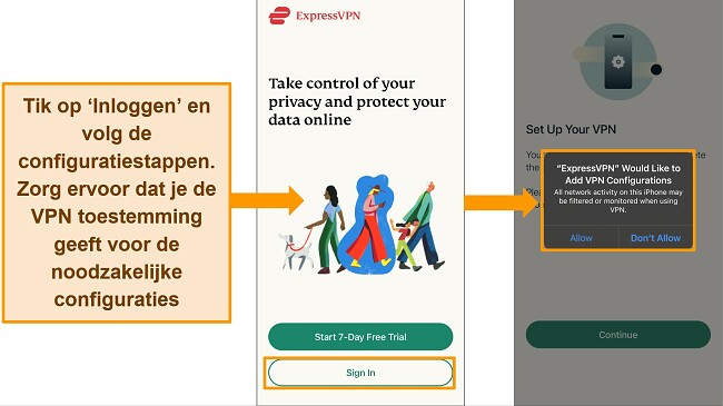Screenshot van ExpressVPN met een actief account met de iOS-downloadoptie gemarkeerd.
