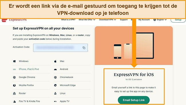 Screenshot van ExpressVPN met een actief account met de iOS-downloadoptie gemarkeerd.