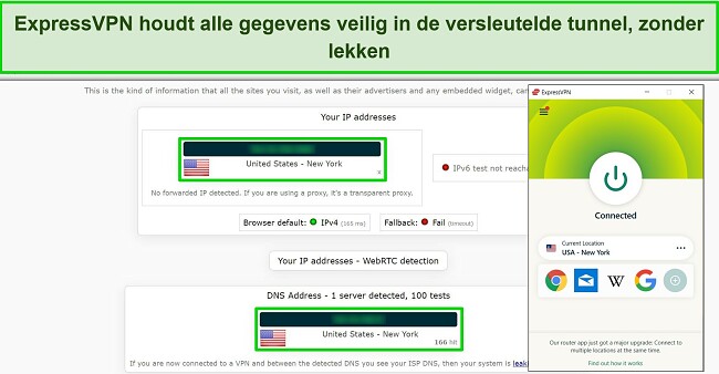 Screenshot van een IP- en DNS-lektest waaruit blijkt dat er geen datalekken zijn terwijl ExpressVPN is verbonden met een Amerikaanse server.