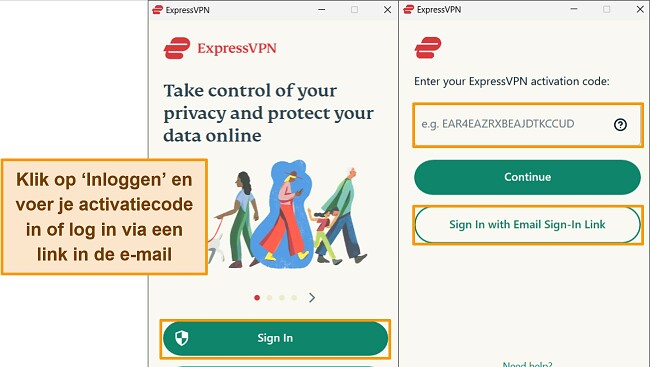 Screenshots van de Windows-app van ExpressVPN waarop het aanmeldingsproces wordt weergegeven.