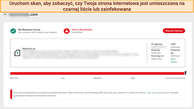 Zrzut ekranu wyników skanowania ze strony internetowej Sucuri