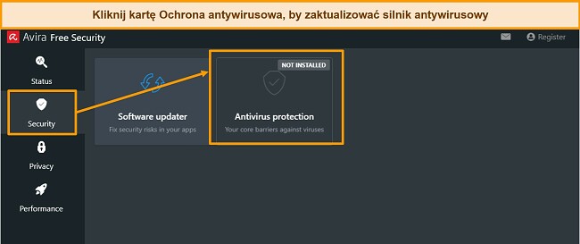 Zrzut ekranu pokazujący, jak zaktualizować silnik ochrony przed złośliwym oprogramowaniem Avira