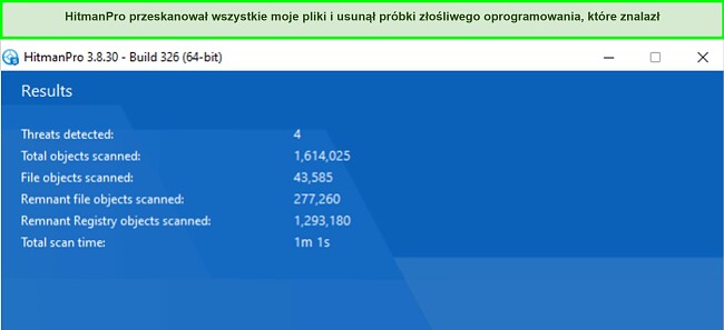 Zrzut ekranu z wynikami skanowania HitmanPro