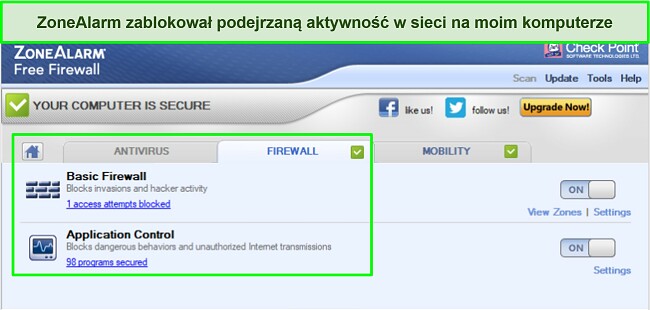 Zrzut ekranu interfejsu zapory sieciowej ZoneAlarm