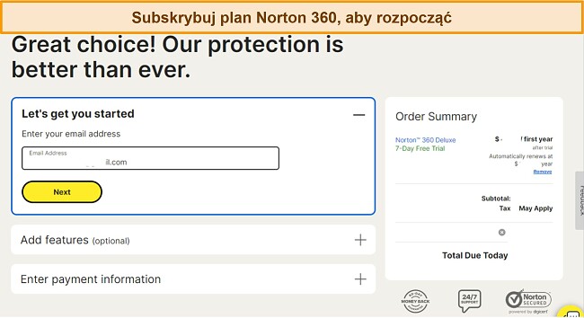 Zrzut ekranu strony subskrypcji programu Norton
