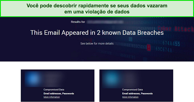 Captura de tela do TotalAV mostrando os resultados de uma verificação de violação de dados de endereço de e-mail.