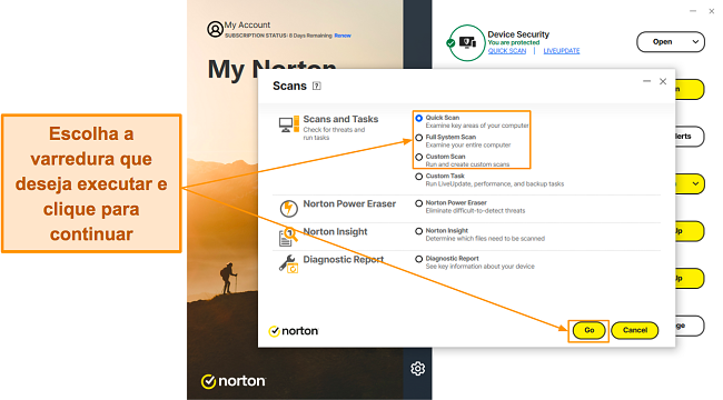 Escolhendo um tipo de verifica&ccedil;&atilde;o no Norton