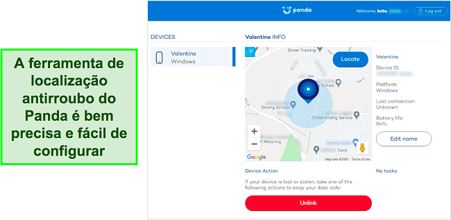 Captura de tela da ferramenta de localização antirroubo do Panda detectando a localização precisa de um dispositivo protegido